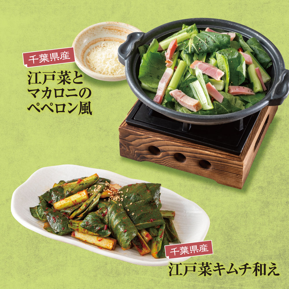 江戸菜とマカロニのペペロン風499円 (税込548円)/江戸菜キムチ和え499円 (税込548円)