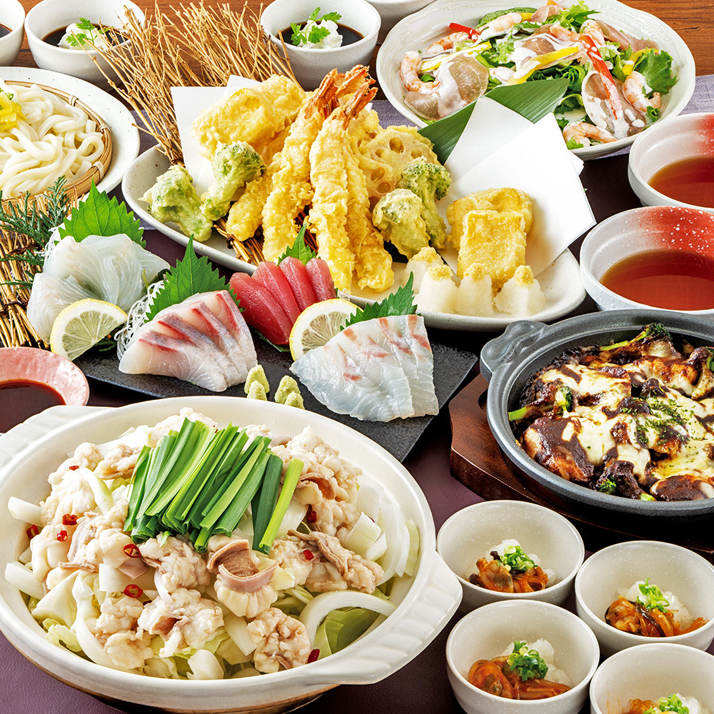 【雅の宴】選べるメイン鍋や天ぷら盛合せ・刺身四種盛りやチキン陶板焼き等8品＋2時間飲み放題付コース