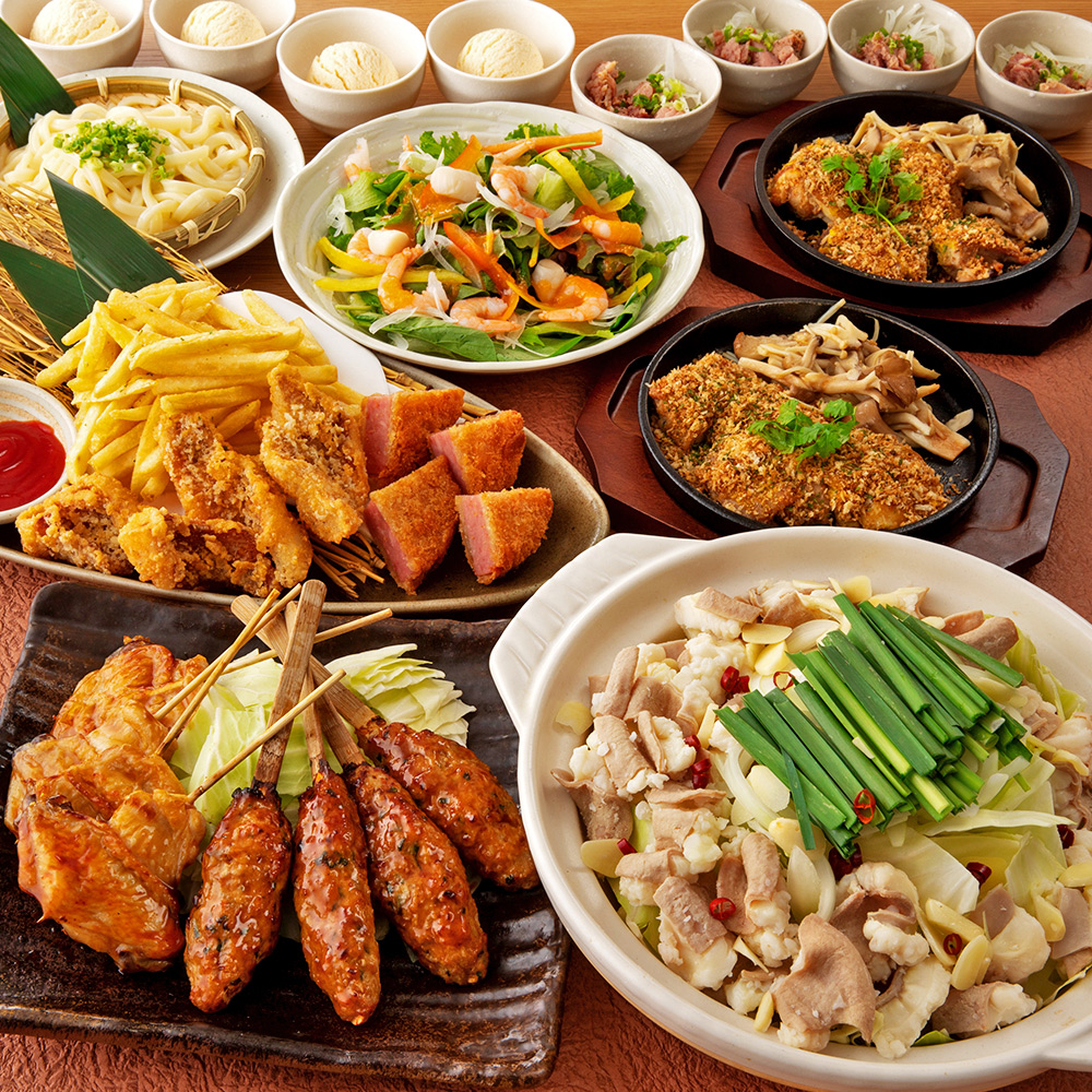 【満開コース】国産牛もつ鍋やチキン香草パン粉焼き・串焼き2種盛合せ等8品＋2時間飲み放題付コース