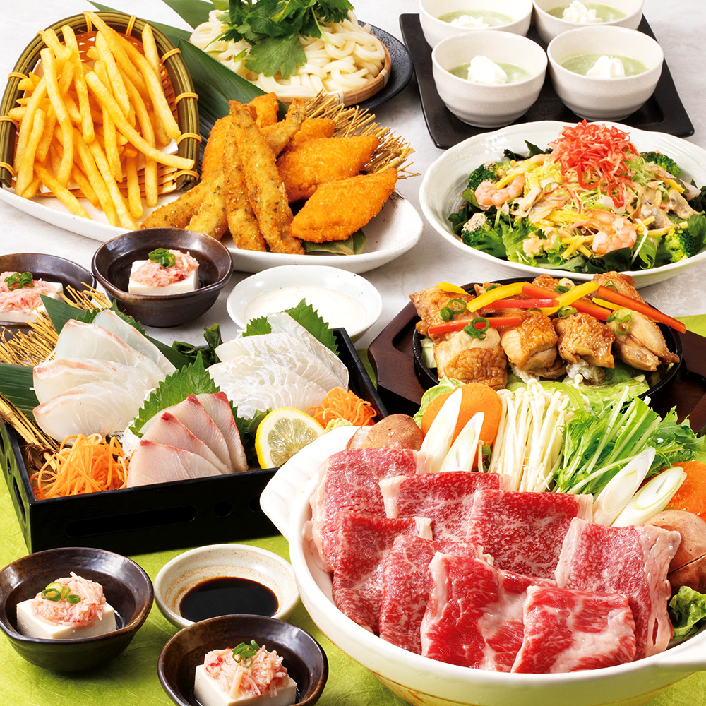 黒毛和牛こうねの牛鍋や刺身盛合せ等8品＋2時間飲み放題付コース