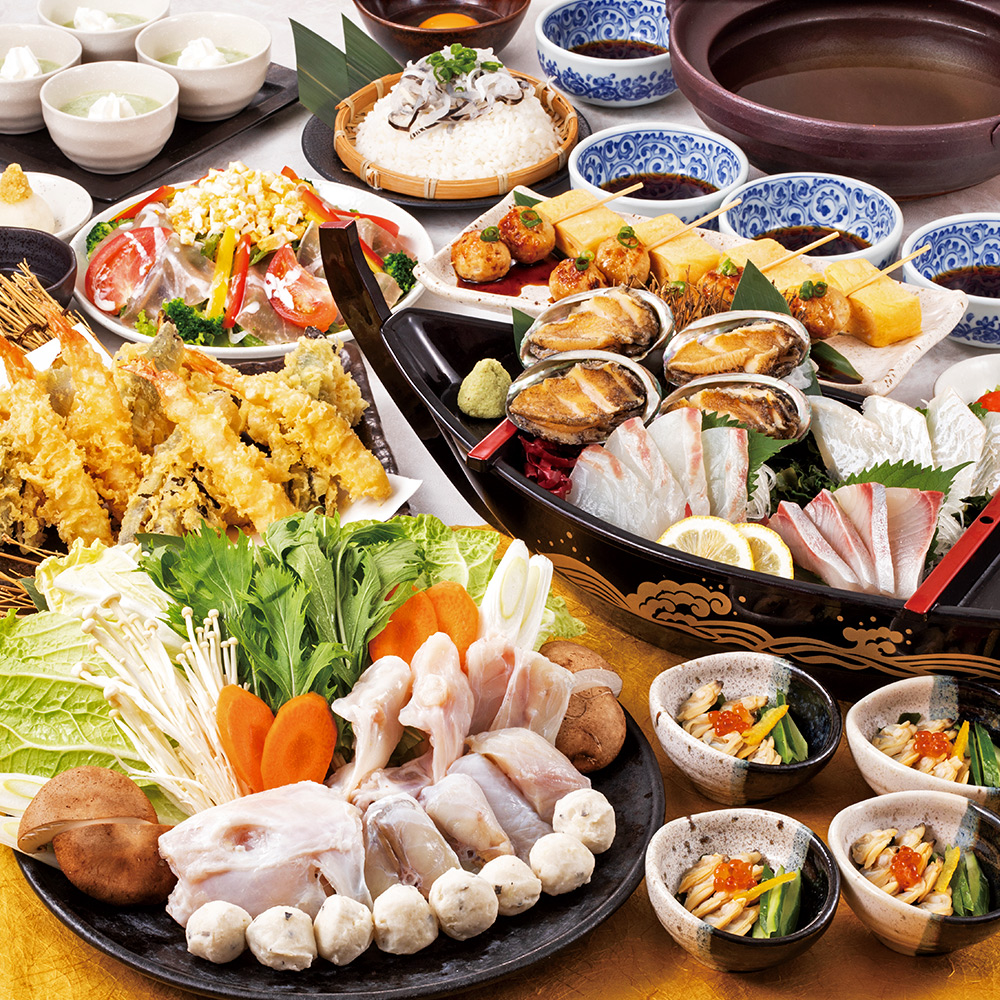 とらふぐのちり鍋や蒸し鮑入り刺身盛合せ等8品＋2時間飲み放題付コース