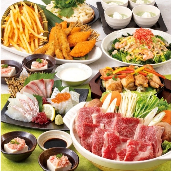 本ズワイガニ入り海鮮鍋や炭焼き風鶏鉄板焼き等　全8品 + 2時間  飲み放題付　お1人様  5500 円 （税込）