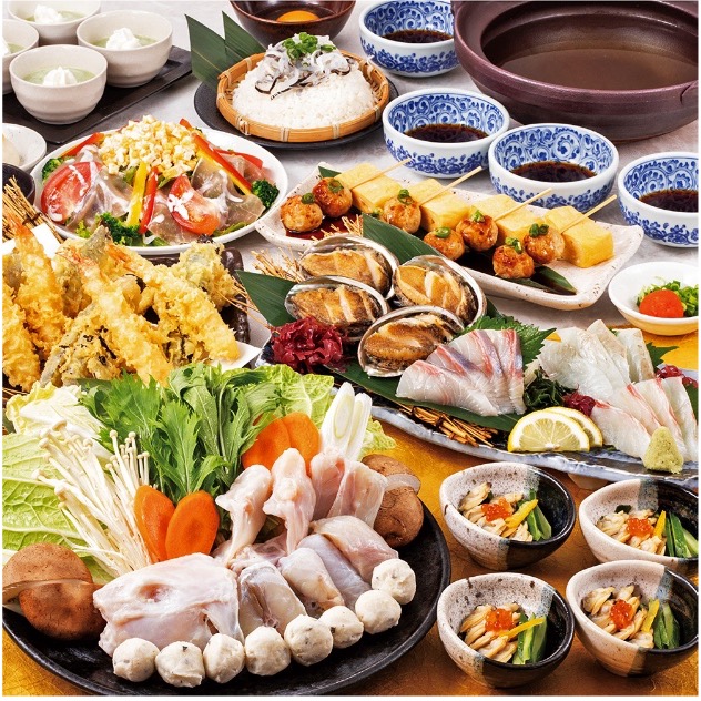 とらふぐてっちり鍋や蒸しアワビ付き刺身五種盛合せ等　全8品 + 2時間  飲み放題付　お1人様  6500 円 （税込）